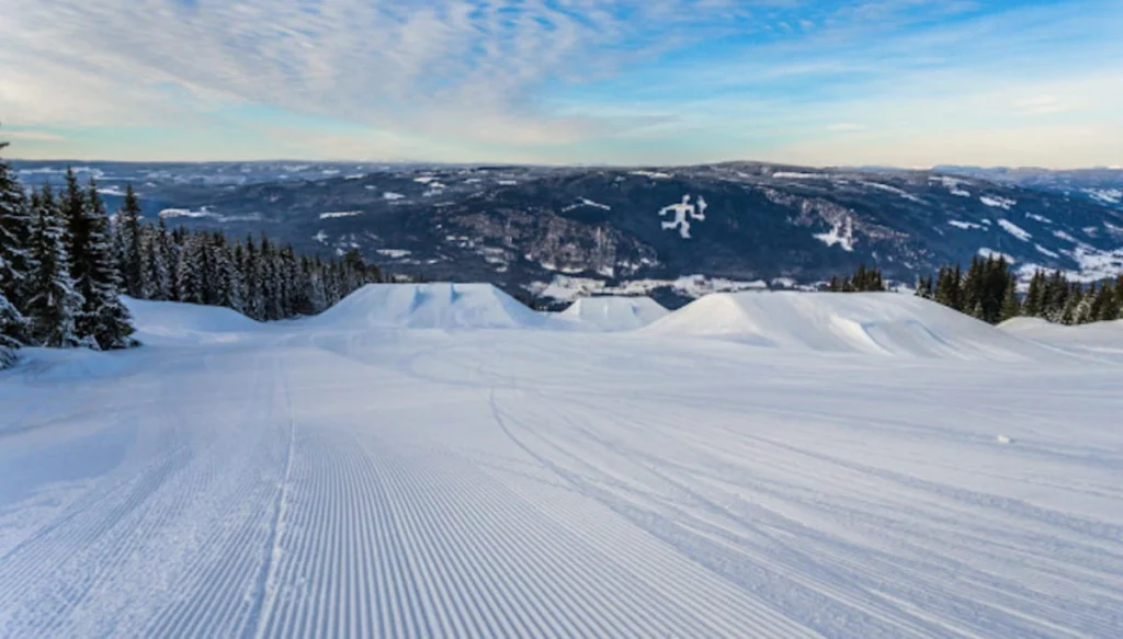Panorama di piste da sci battute e deserte sotto il sole, controlli delle forze dell'ordine per obbligo assicurazione sci.