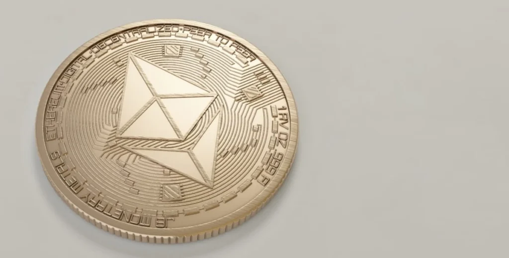 Simbolo della criptovaluta Ethereum su uno sfondo minimale grigio metallizzato